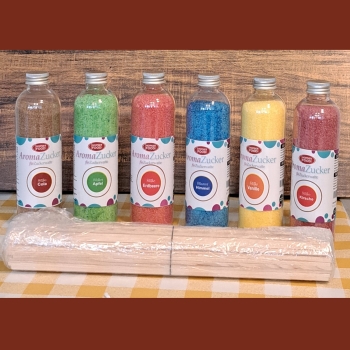 Partyset 6 x 230 Gramm Zuckerwatte Zucker für Zuckerwattemaschine Inklusive 100 Zuckerwattestäbe